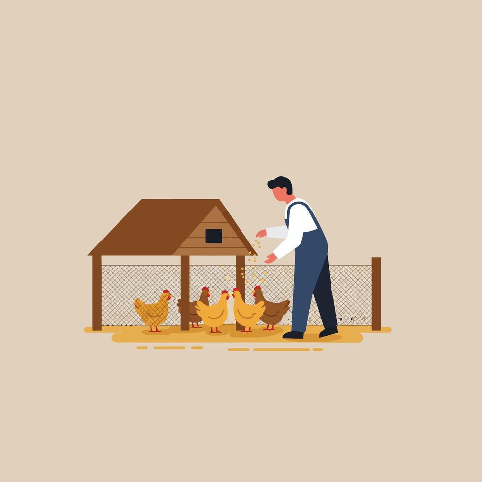 Farmer feeding chickens in a coop flat illustration vector