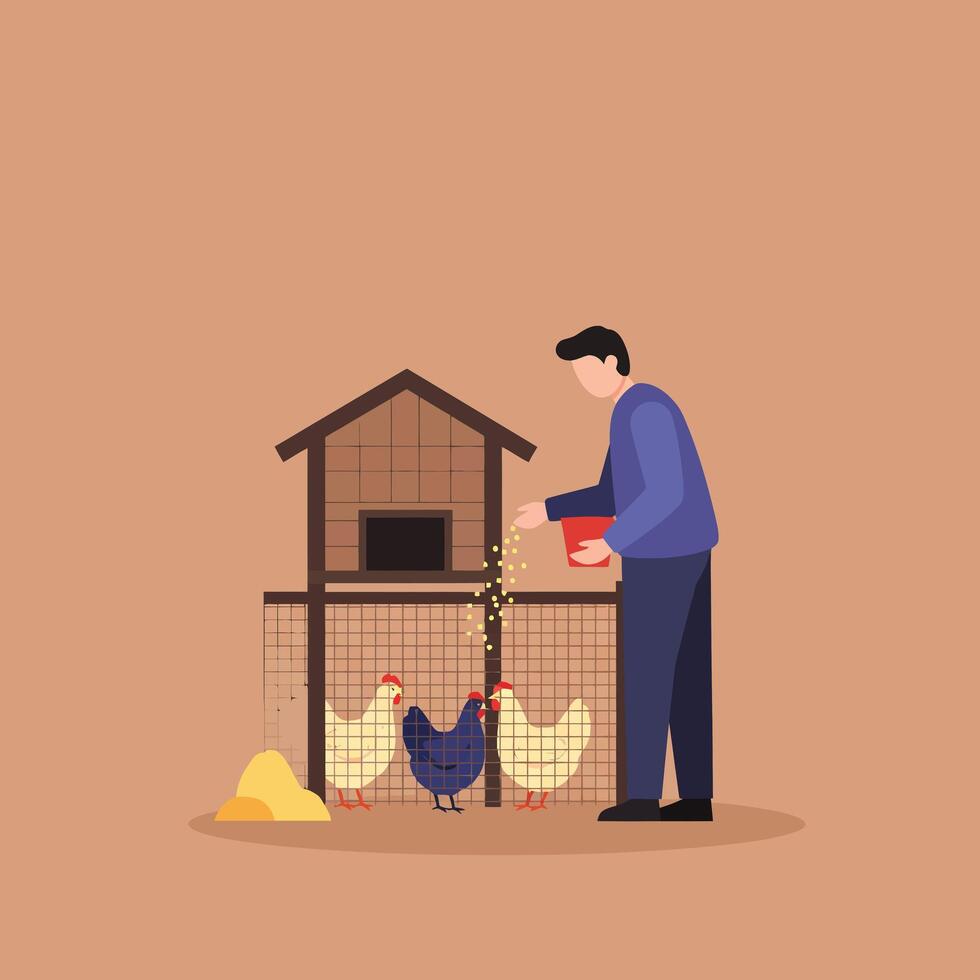Person feeding chickens in a farm setting with flat design art vector
