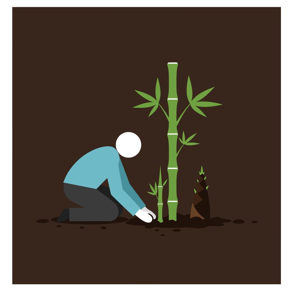 Person planting bamboo in detailed flat art style illustration vector