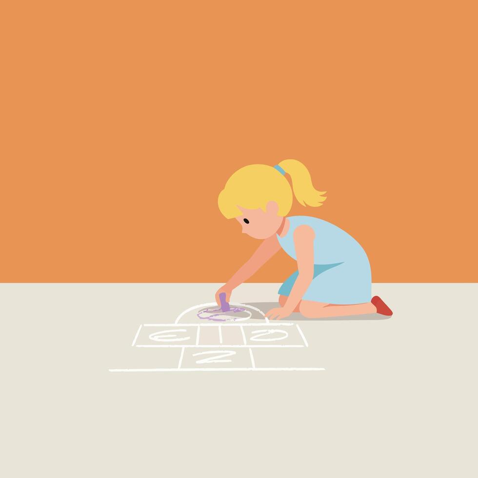 Girl drawing hopscotch with chalk in flat minimal art illustration vector