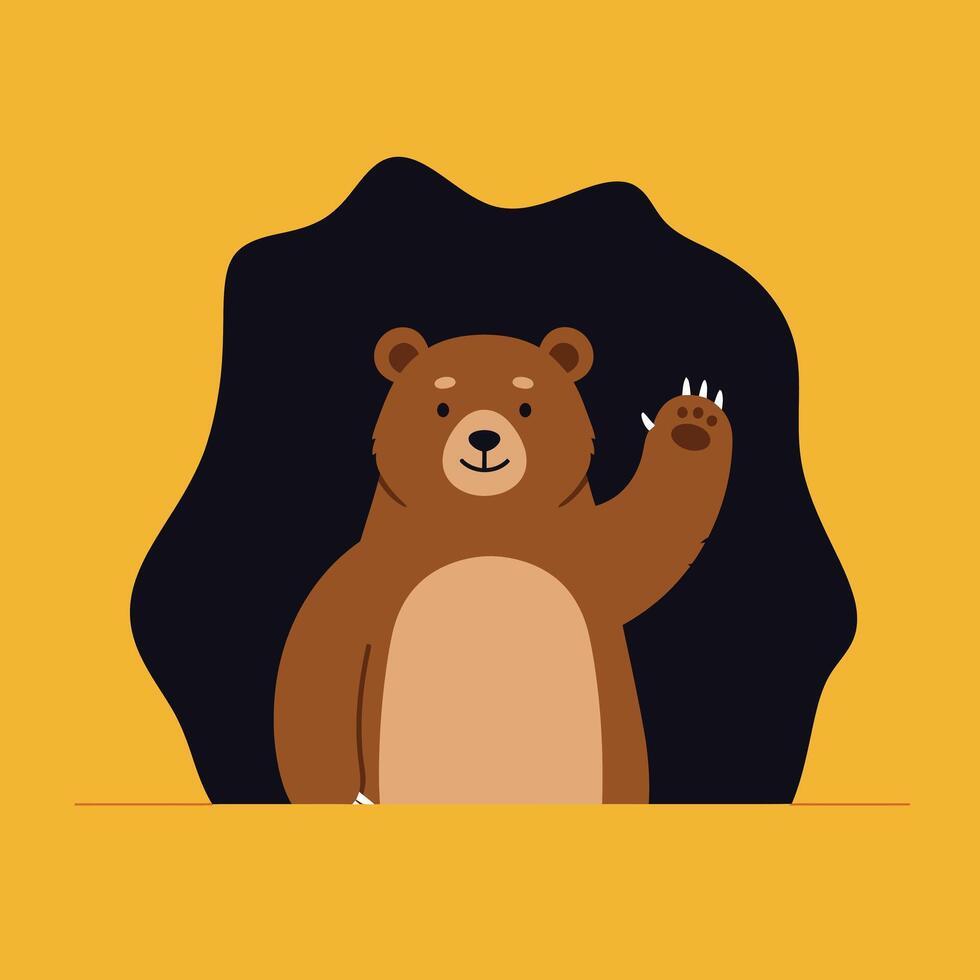 Cute brown bear waving in flat minimal style illustration vector