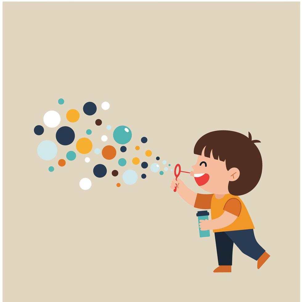 Happy child blowing colorful bubbles in flat design art vector