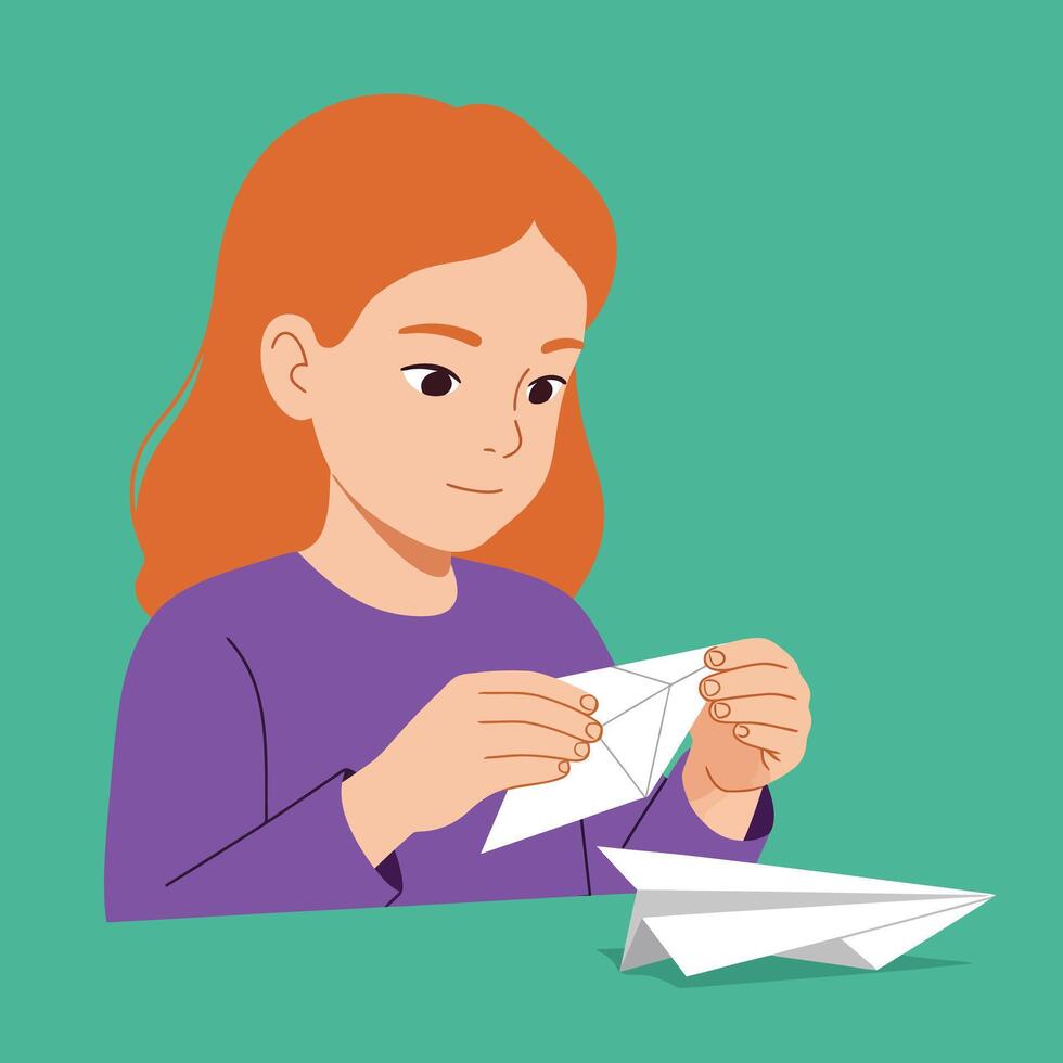 Girl folding paper airplane in flat design style art vector