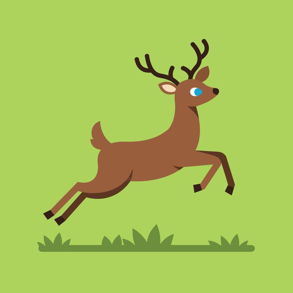 Brown deer leaping in a vibrant green field flat illustration vector
