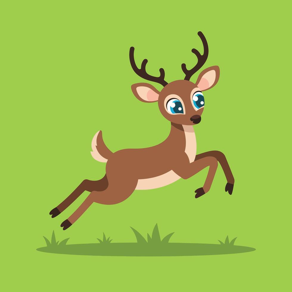 Playful deer leaping joyfully in a vibrant green landscape flat art vector