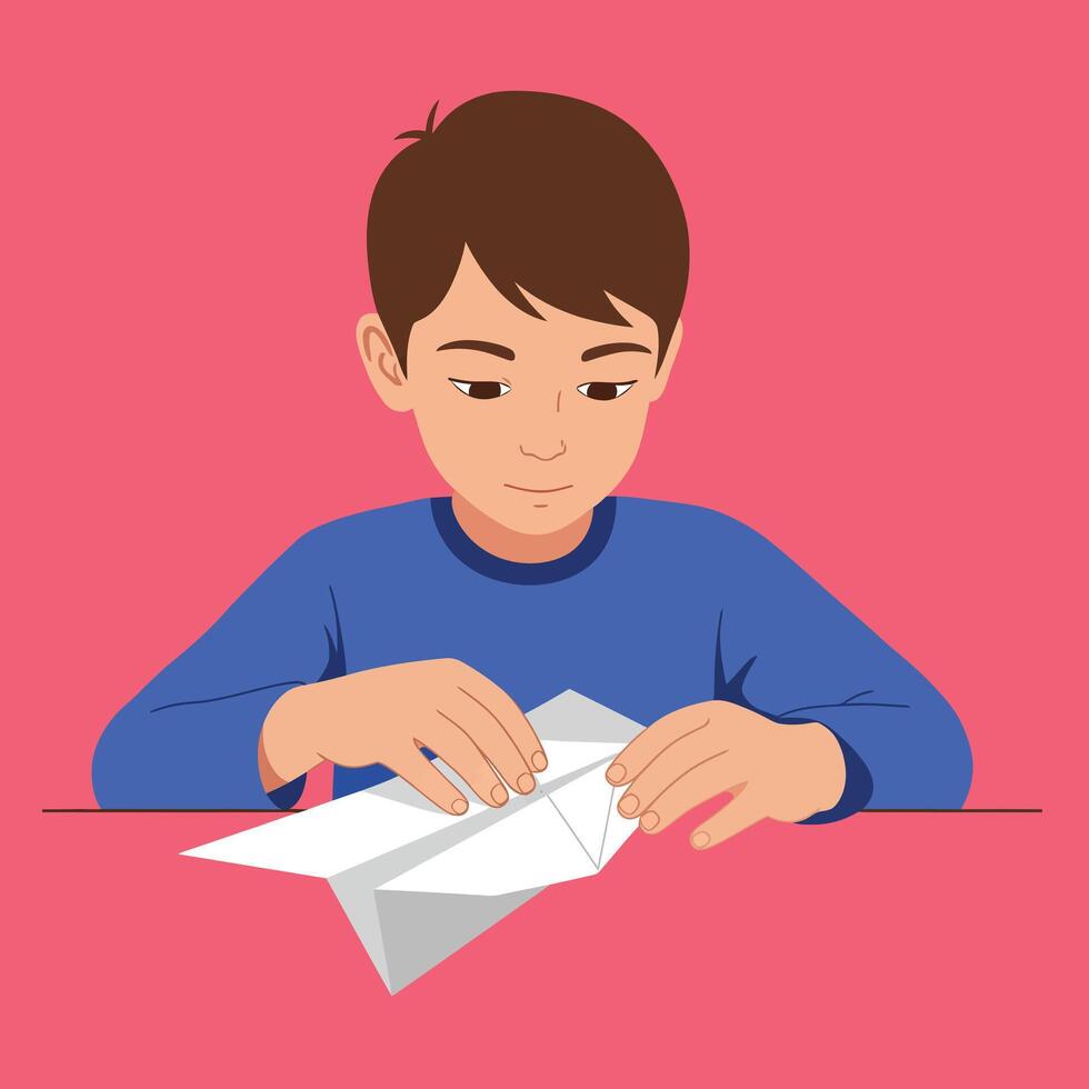Young boy folding paper into a plane in flat art vector