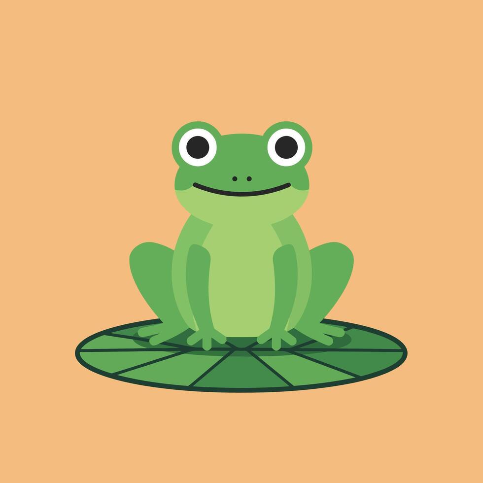 Cute green frog sitting on lily pad in flat art vector