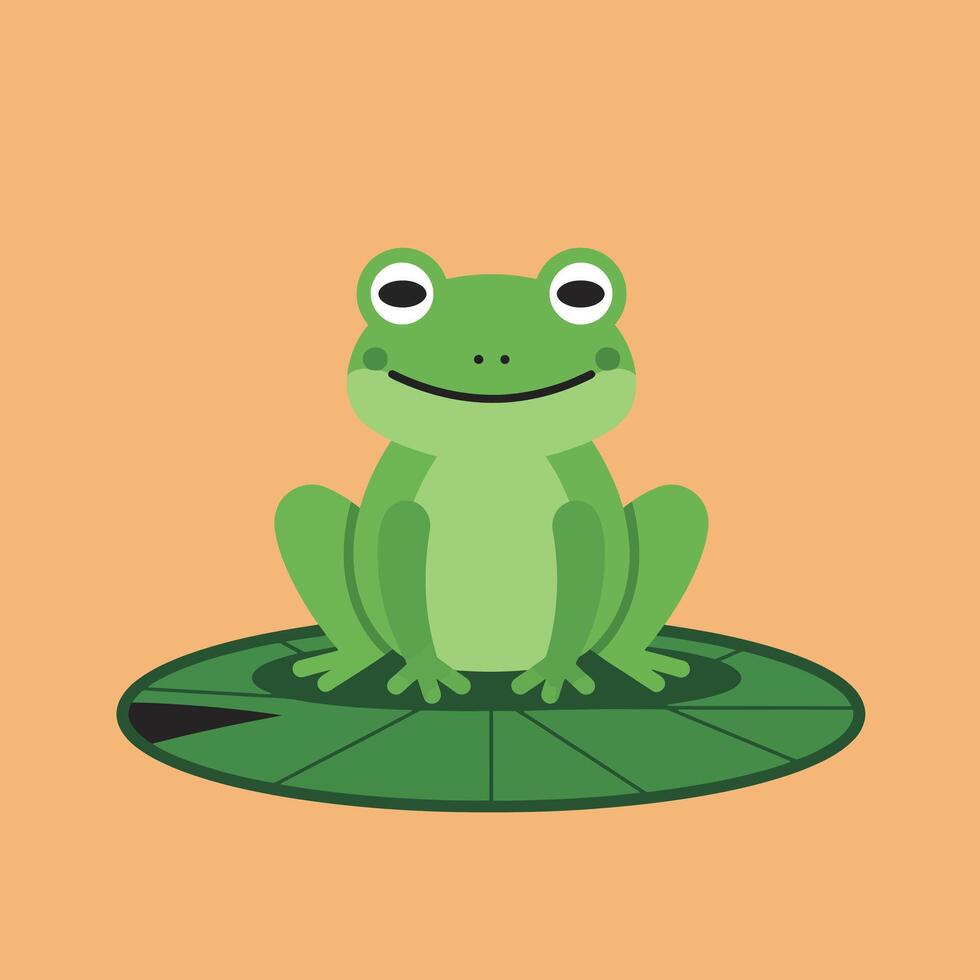 Green frog sitting on lily pad in flat art style vector