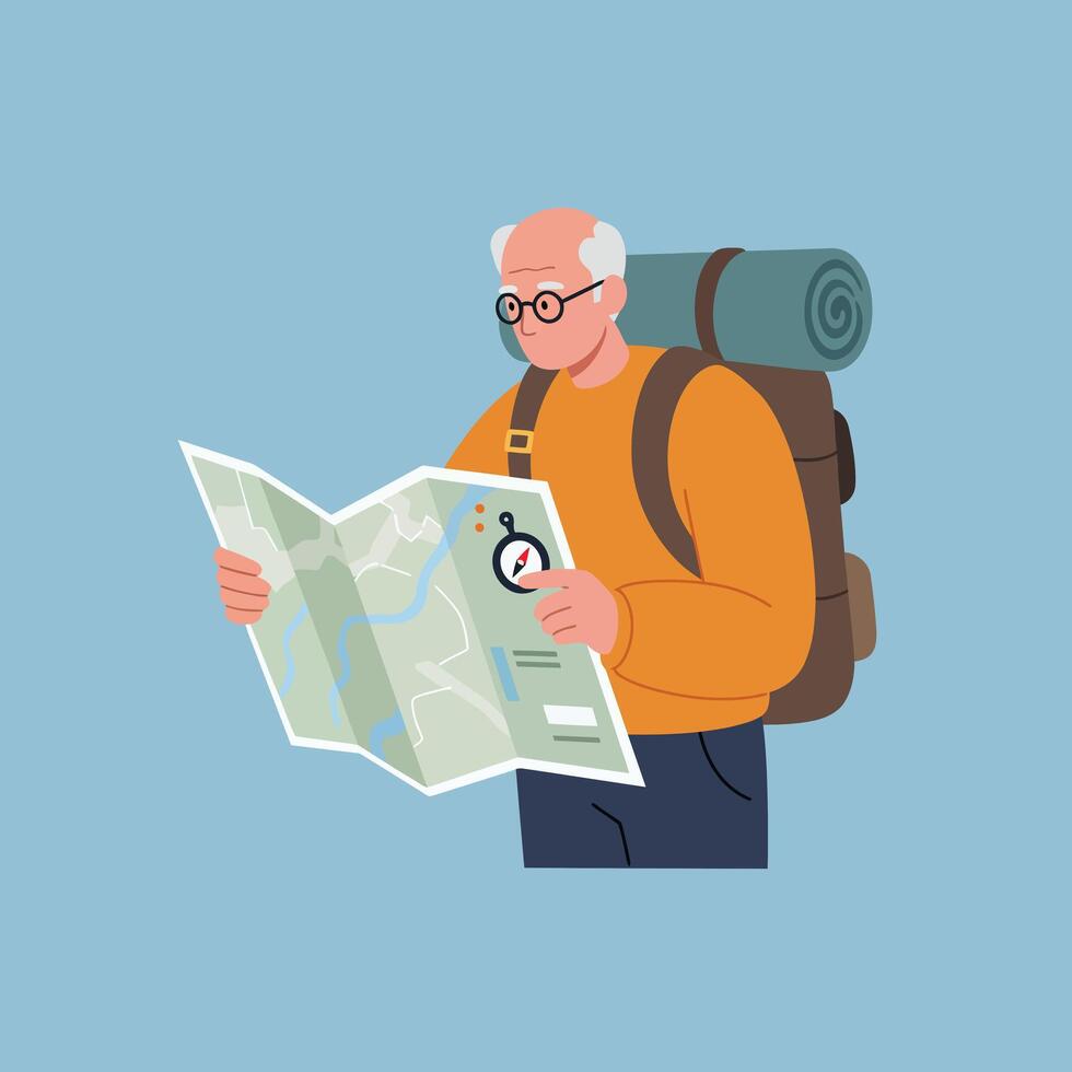 Senior man exploring outdoors with backpack in flat art style illustration vector