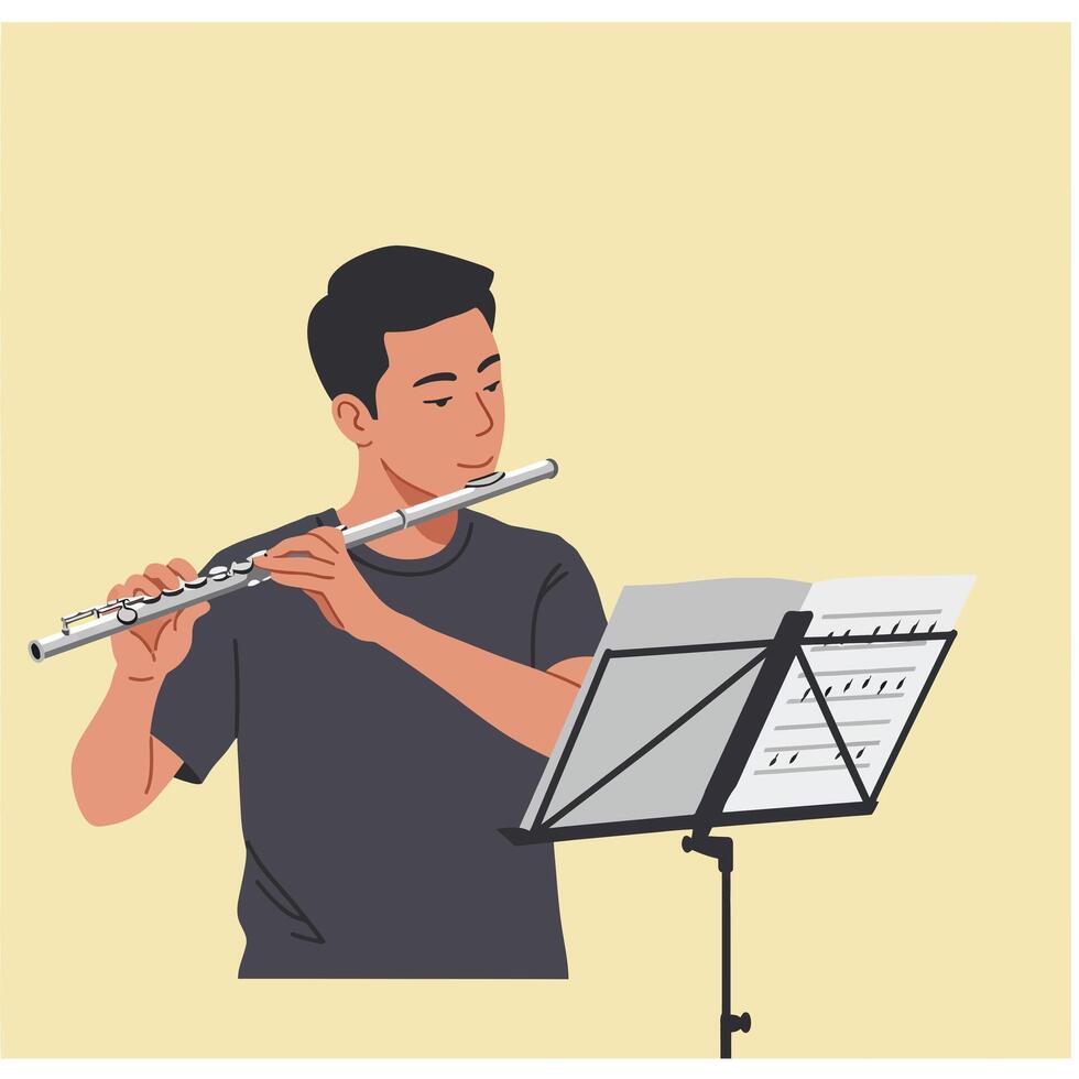 Young musician playing flute in flat design style art vector