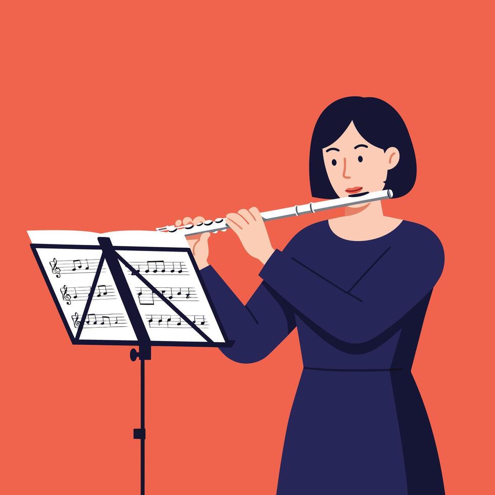 Young woman playing flute with music sheet in flat art illustration vector
