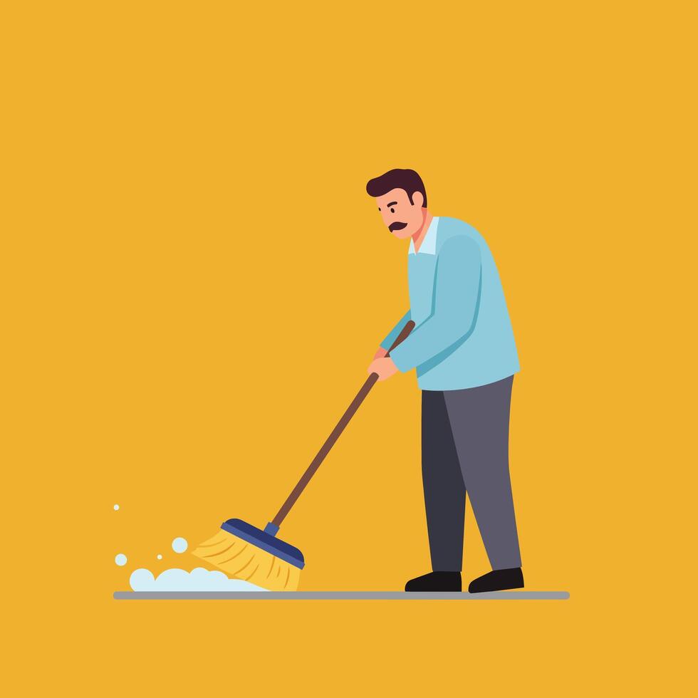 Man cleaning floor with broom in flat and colorful design art vector