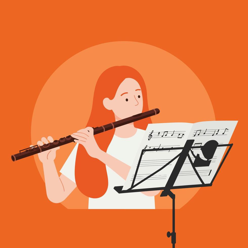 Young musician playing flute with music stand in flat art vector