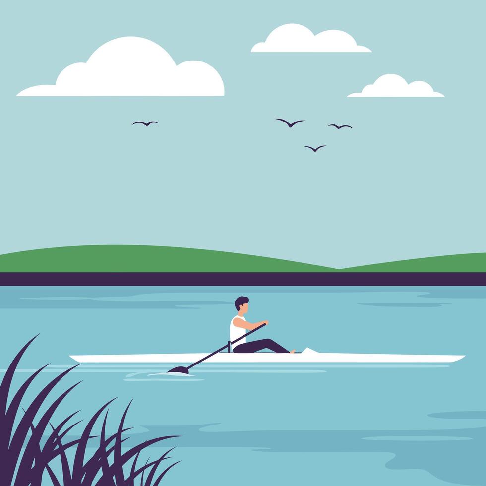 Rowing on a serene lake with minimal style art vector