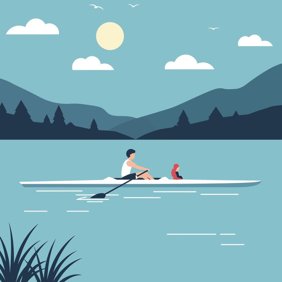 Rowing on a serene lake with a child in flat art vector