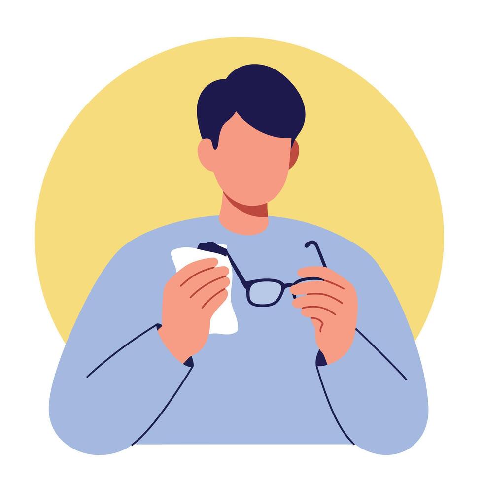 Man holding glasses with phone in hand, flat design art vector