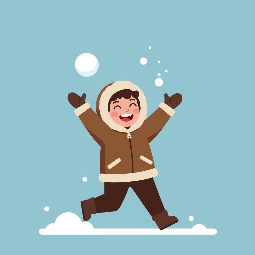 Happy child playing in the snow with a joyful expression flat art vector