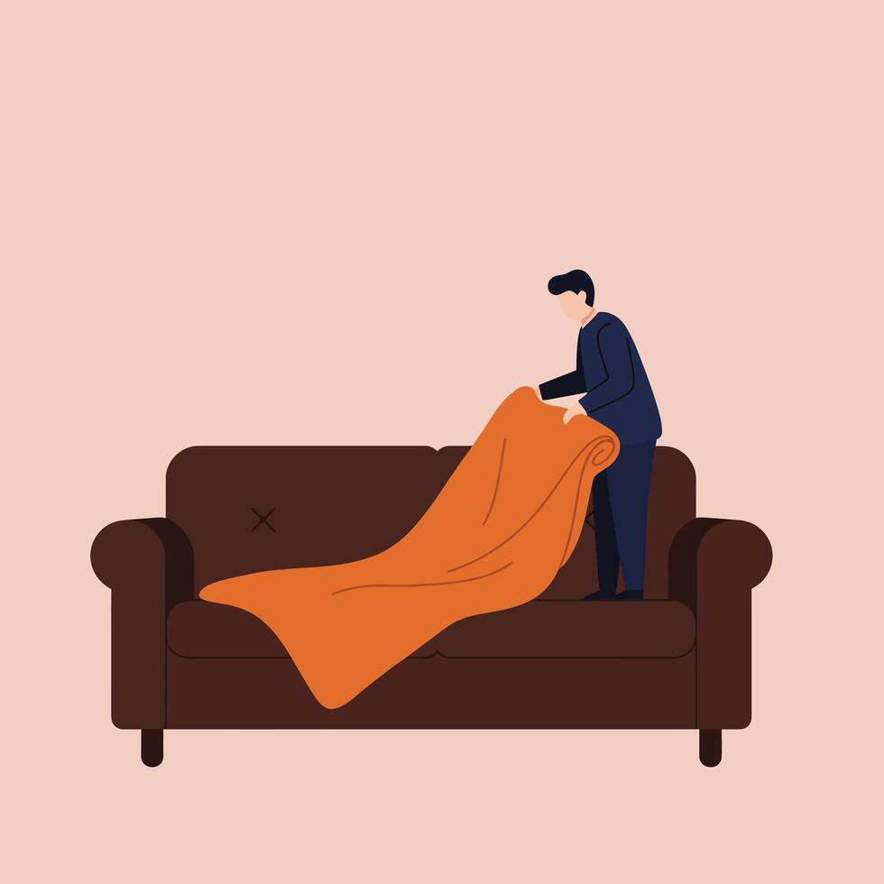 Person arranging an orange blanket on a brown couch in flat art vector