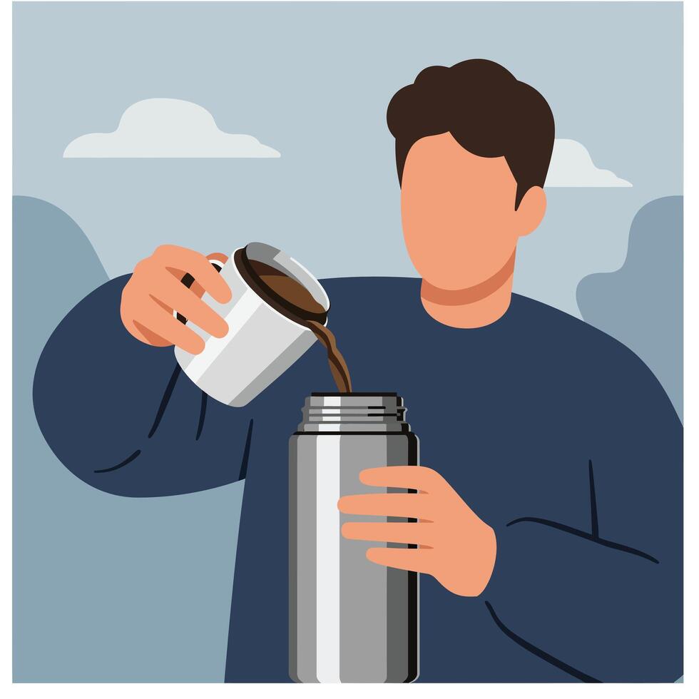 Person pouring coffee into a thermos in a flat illustration vector