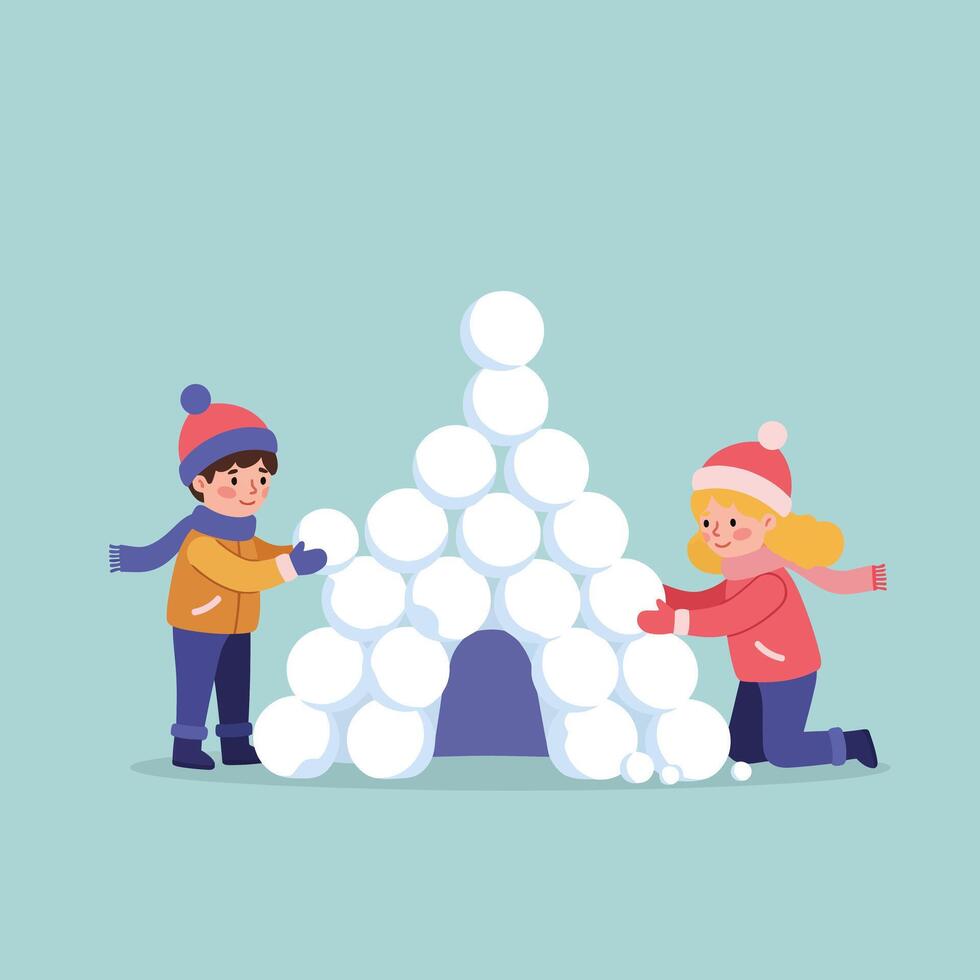 Two children building a snow fort in flat art style vector