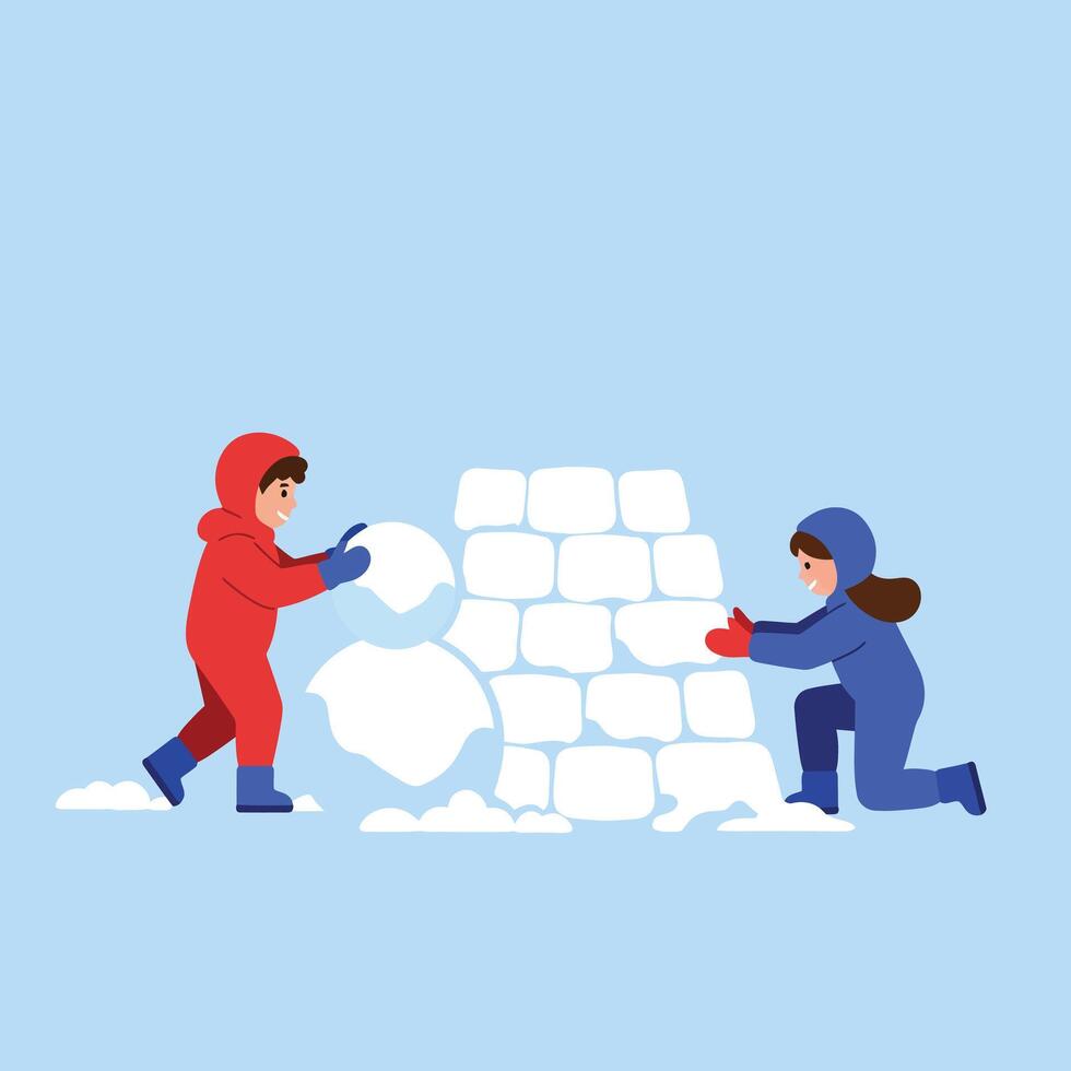 Children Building an Igloo in Snowy Landscape Flat Illustration vector