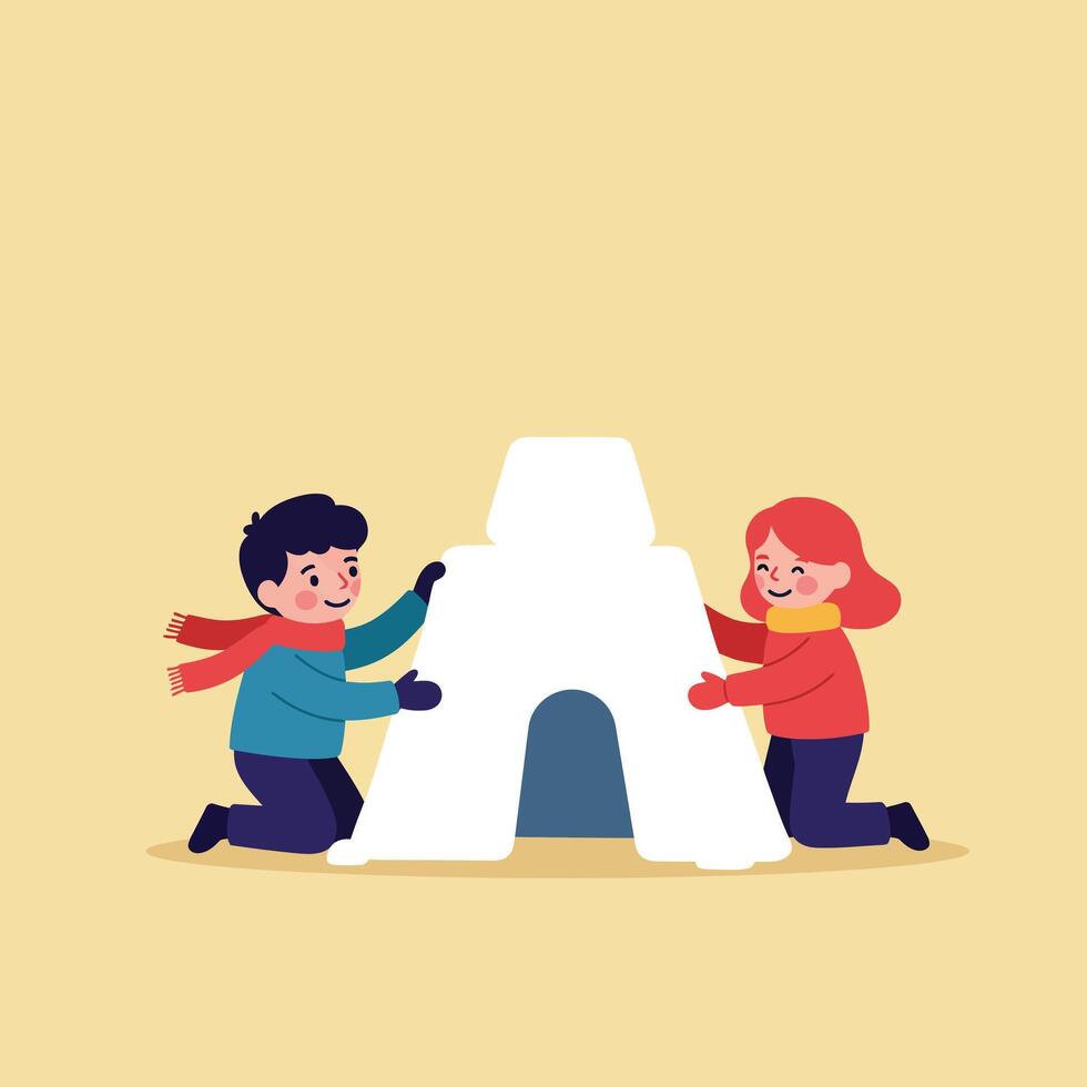 Kids building a snow fort together in a playful flat illustration vector