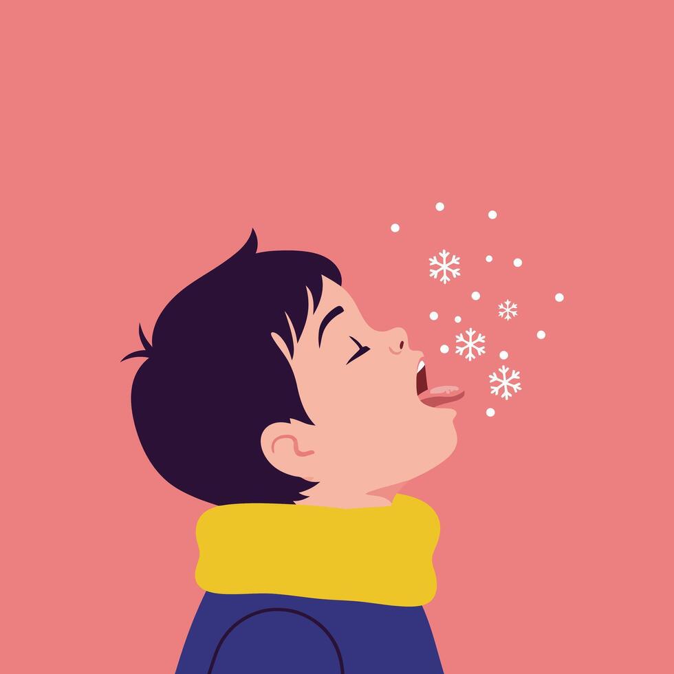 Boy catching snowflakes with his tongue in a colorful flat illustration vector
