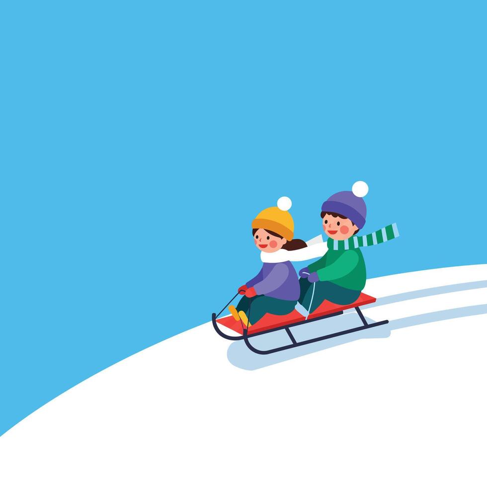 Children sledding down a snowy hill in minimal flat illustration vector