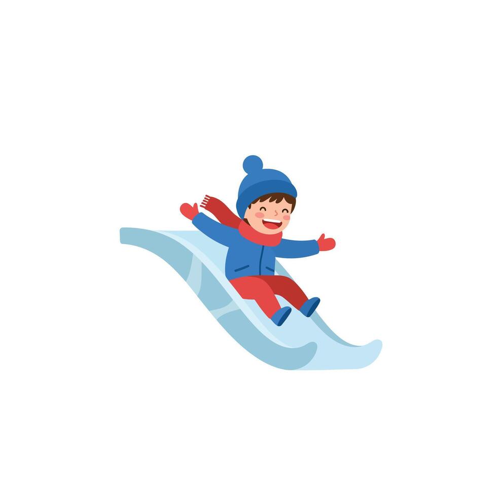 Happy child sliding down a slope in flat, colorful art vector