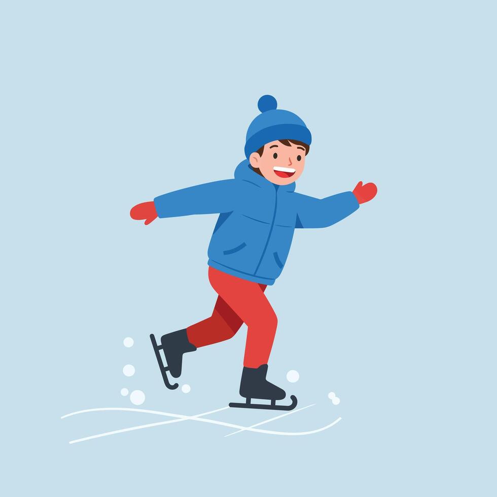 Happy boy skating on ice in blue jacket and red pants flat art vector