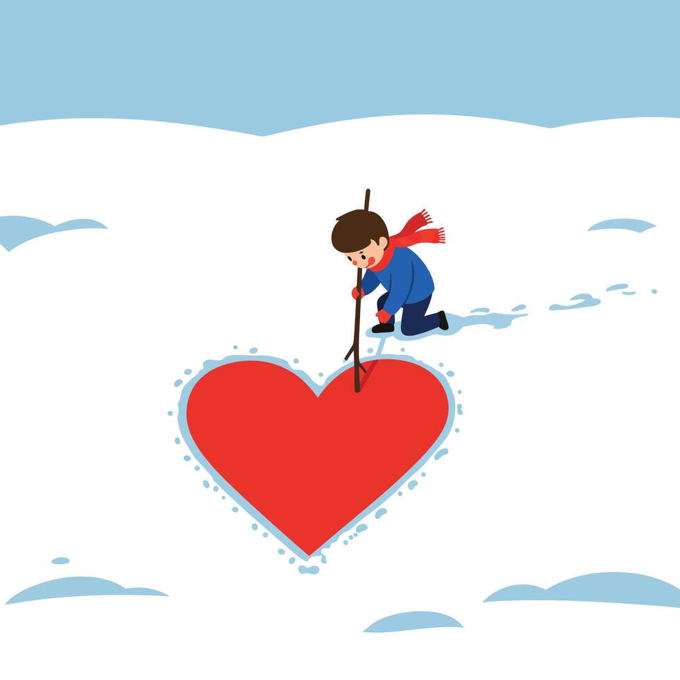 Child drawing a large heart in the snow in flat art vector