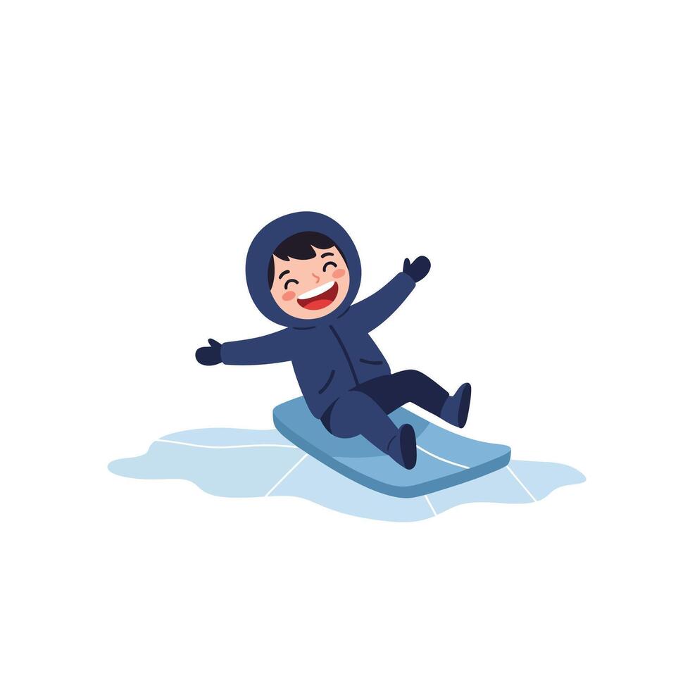 Happy child sledding down snowy hill in flat illustration vector