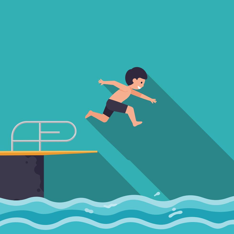 Boy jumping off diving board into water in flat art vector