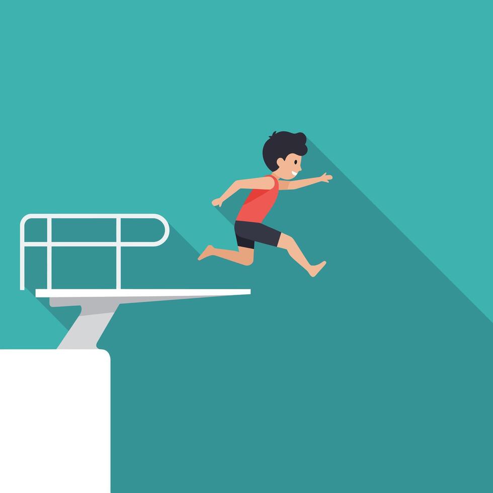 Boy jumping off diving board in flat design art vector