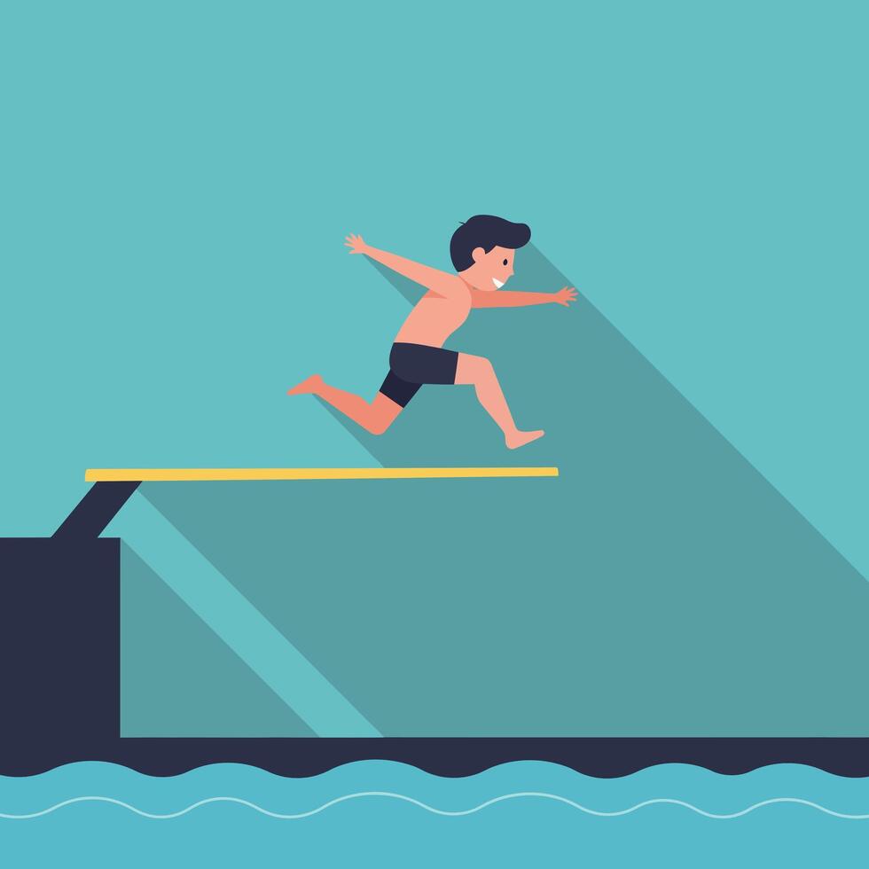 Boy preparing to dive into water from a platform in flat art vector