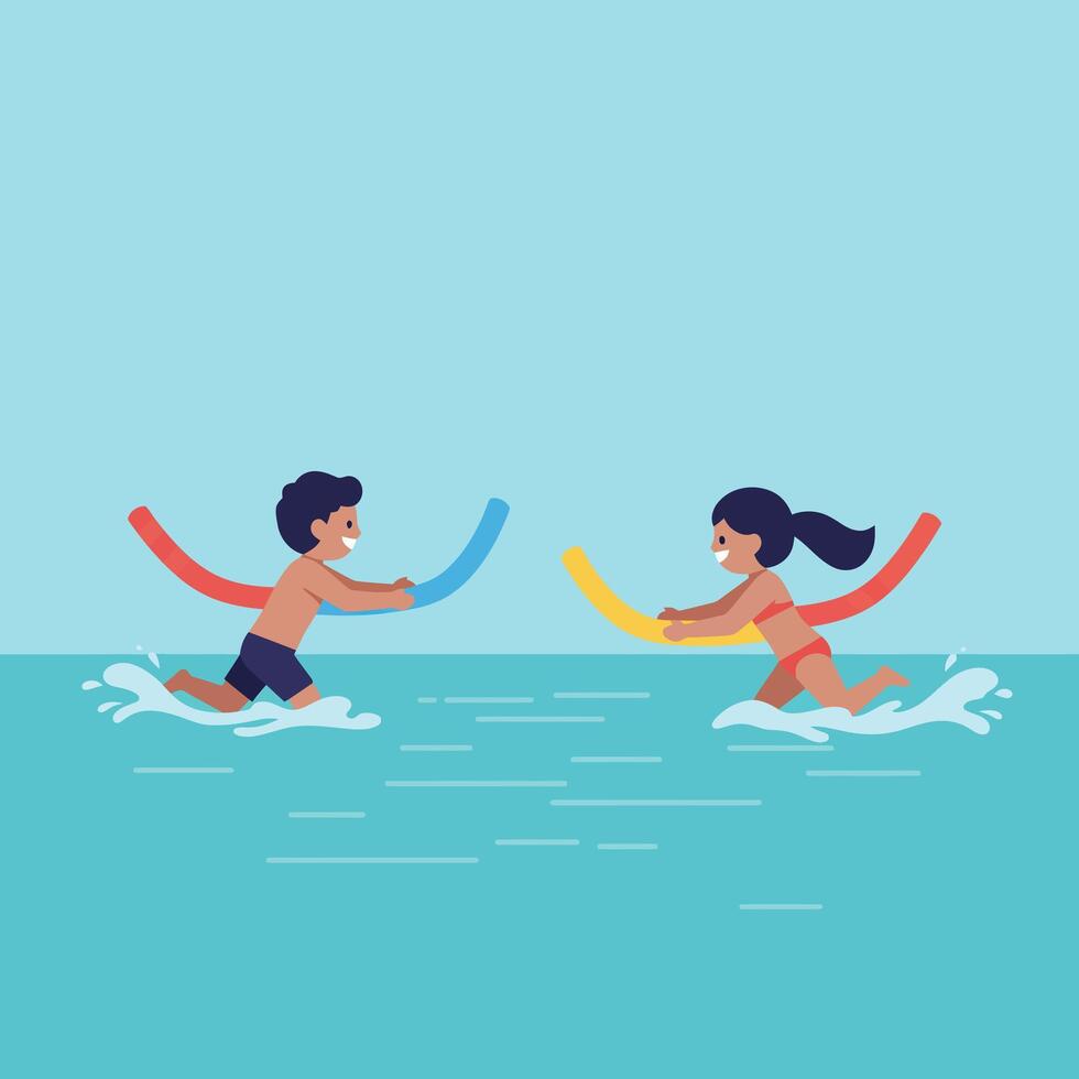 Children Playing in Water with Pool Noodles in Flat Art vector