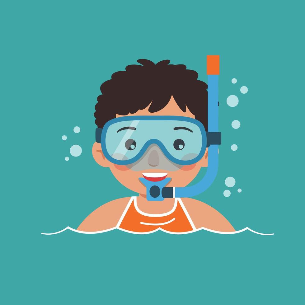 Happy child snorkeling in clear water with bright colors in flat art vector