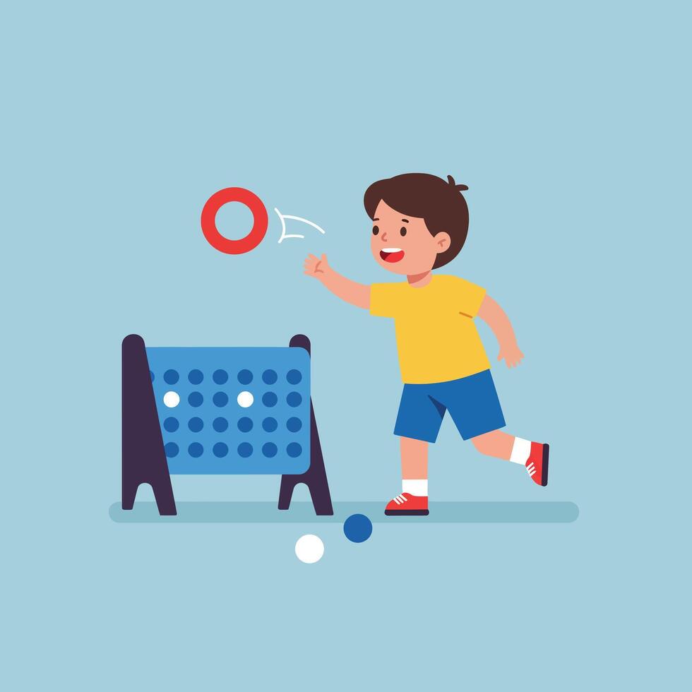 Happy child playing with ring toss game in flat art vector