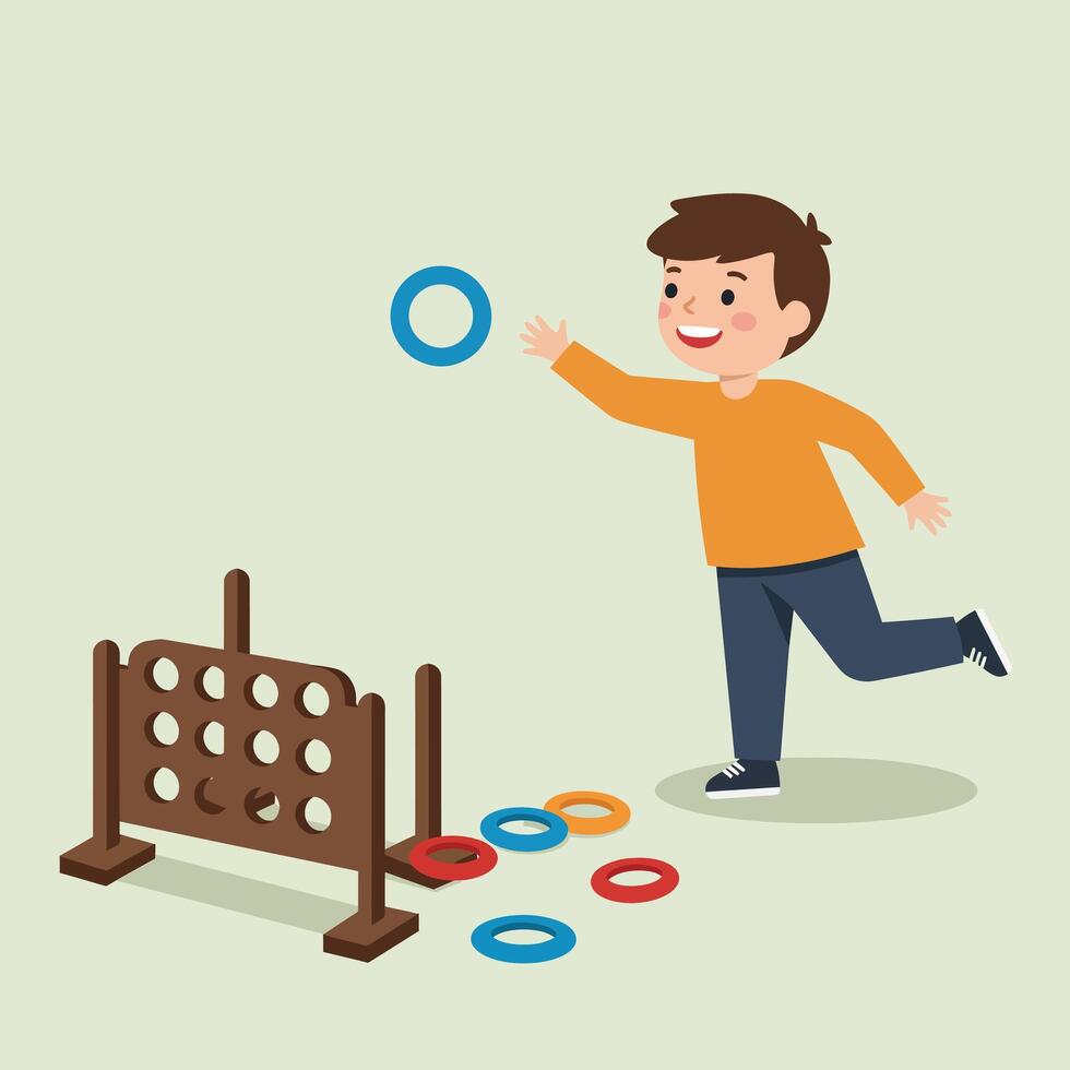 Child playing ring toss game with colorful rings in flat art vector