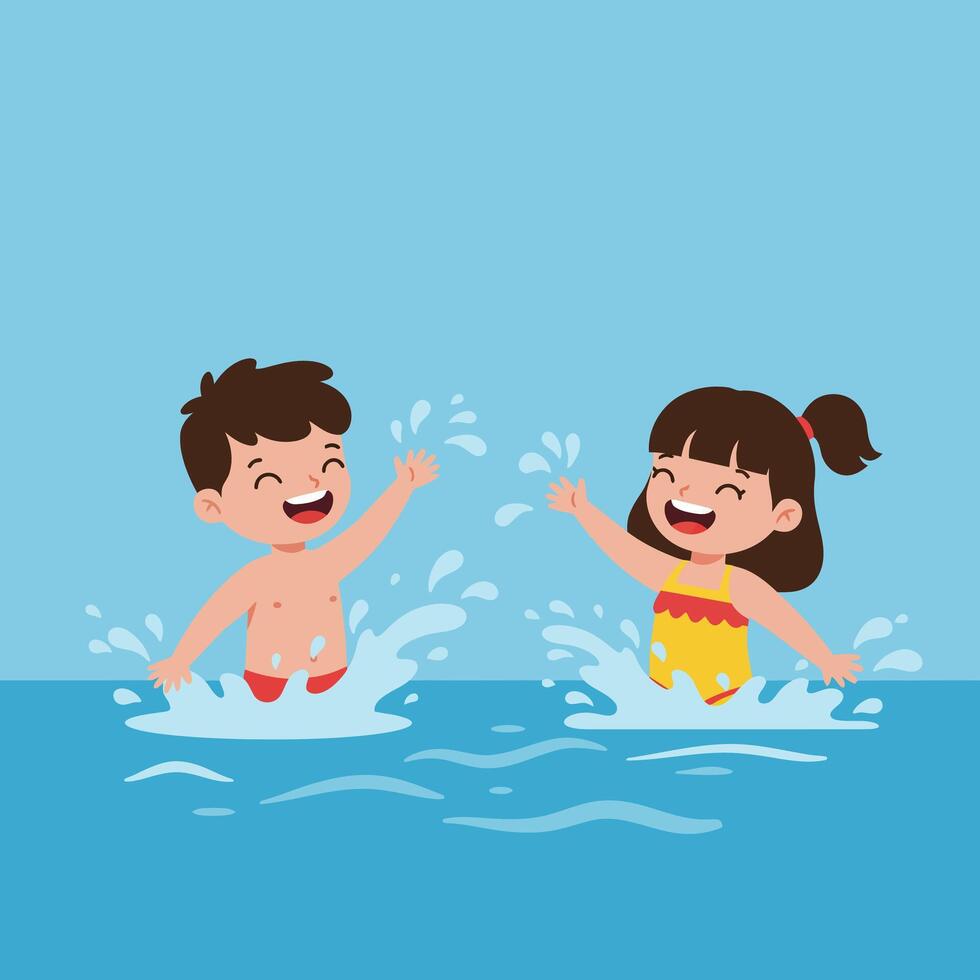 Two children playing joyfully in water, flat design style illustration vector