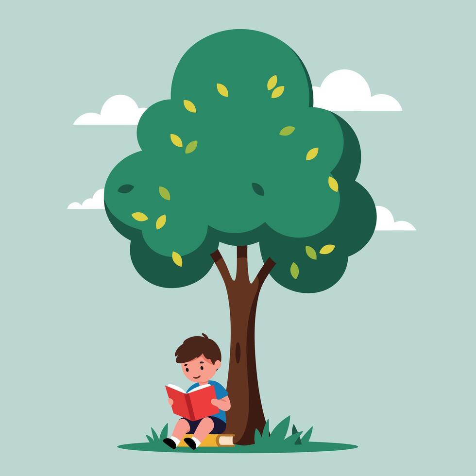 Child reading book under a tree in flat art style vector