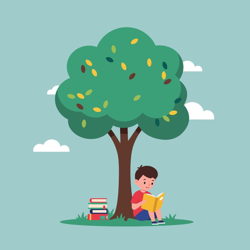 Boy reading book under a tree in flat art style illustration vector
