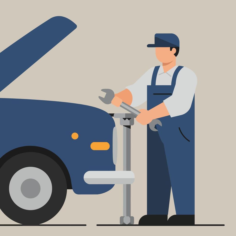 Car mechanic working on vehicle with tools in flat illustration vector