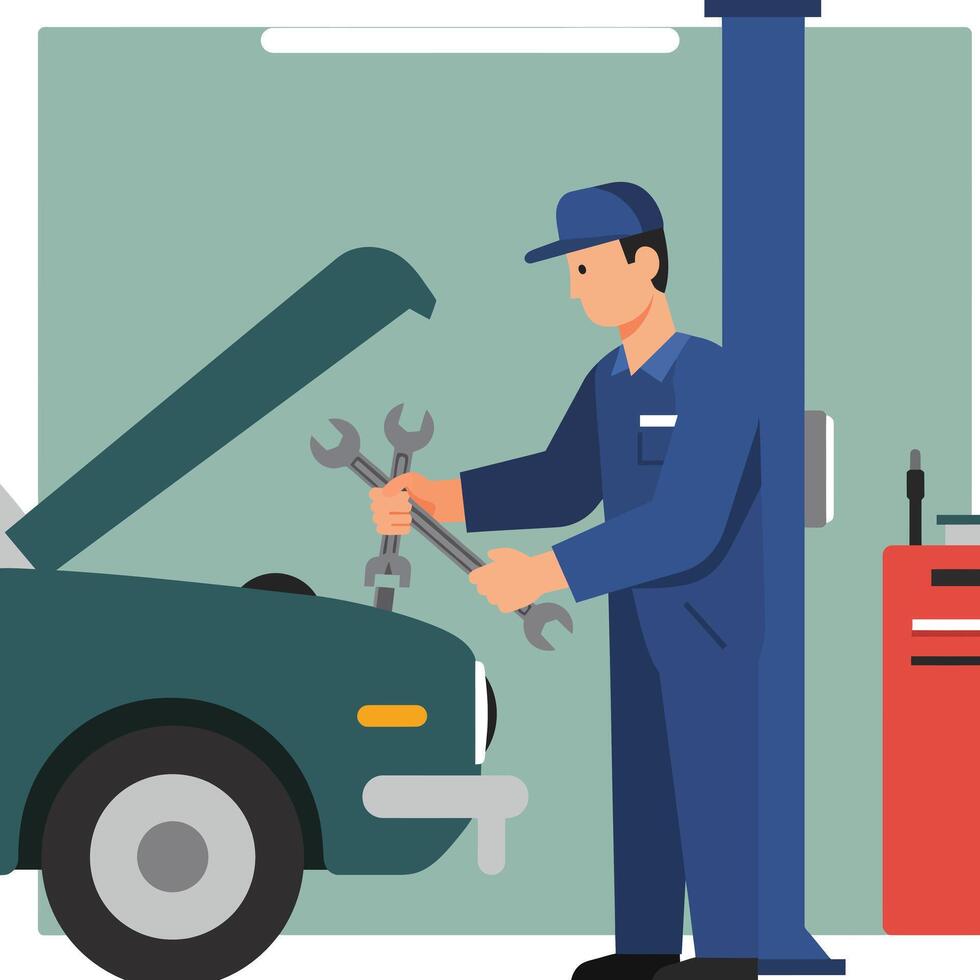 Mechanic working on car engine in flat illustration style with tools and garage equipment art vector