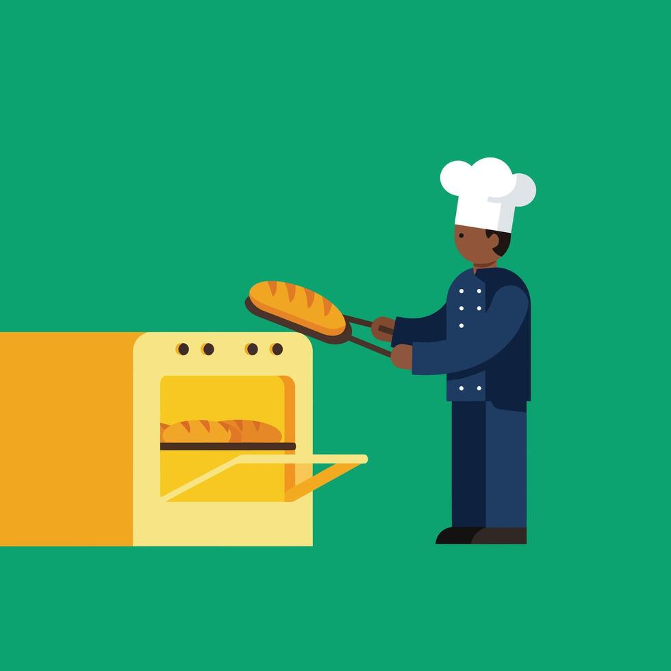 Chef pulling freshly baked bread from a bright yellow oven in flat art vector