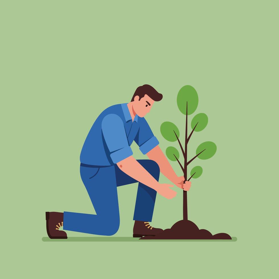 Man planting a young tree in a minimal flat design art vector