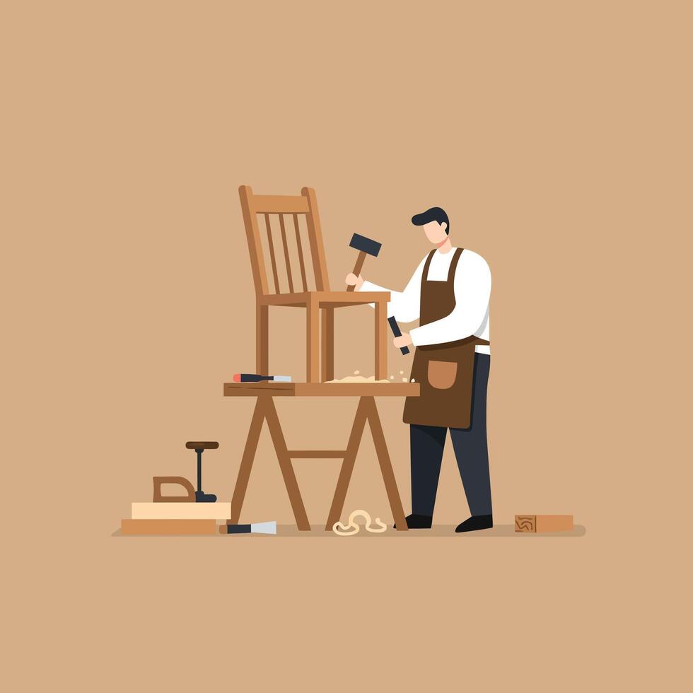 Carpenter working on wooden chair design in flat art style vector