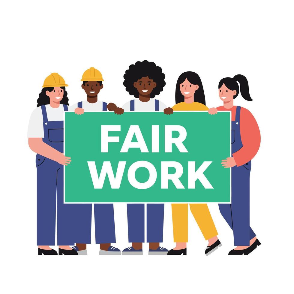 Group of diverse workers advocating for fair work in flat illustration vector