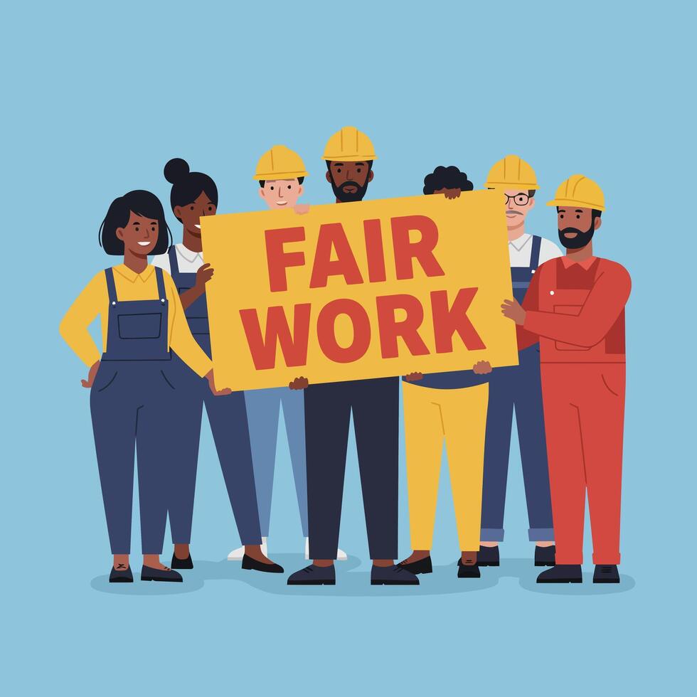 Group of diverse workers holding a sign promoting fair work in flat art vector