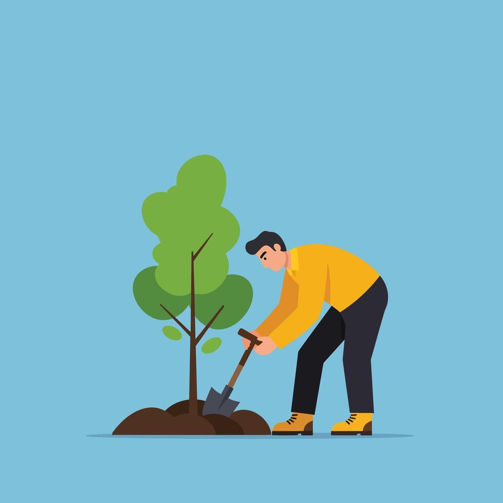 Person planting a tree with a shovel in a flat art style vector